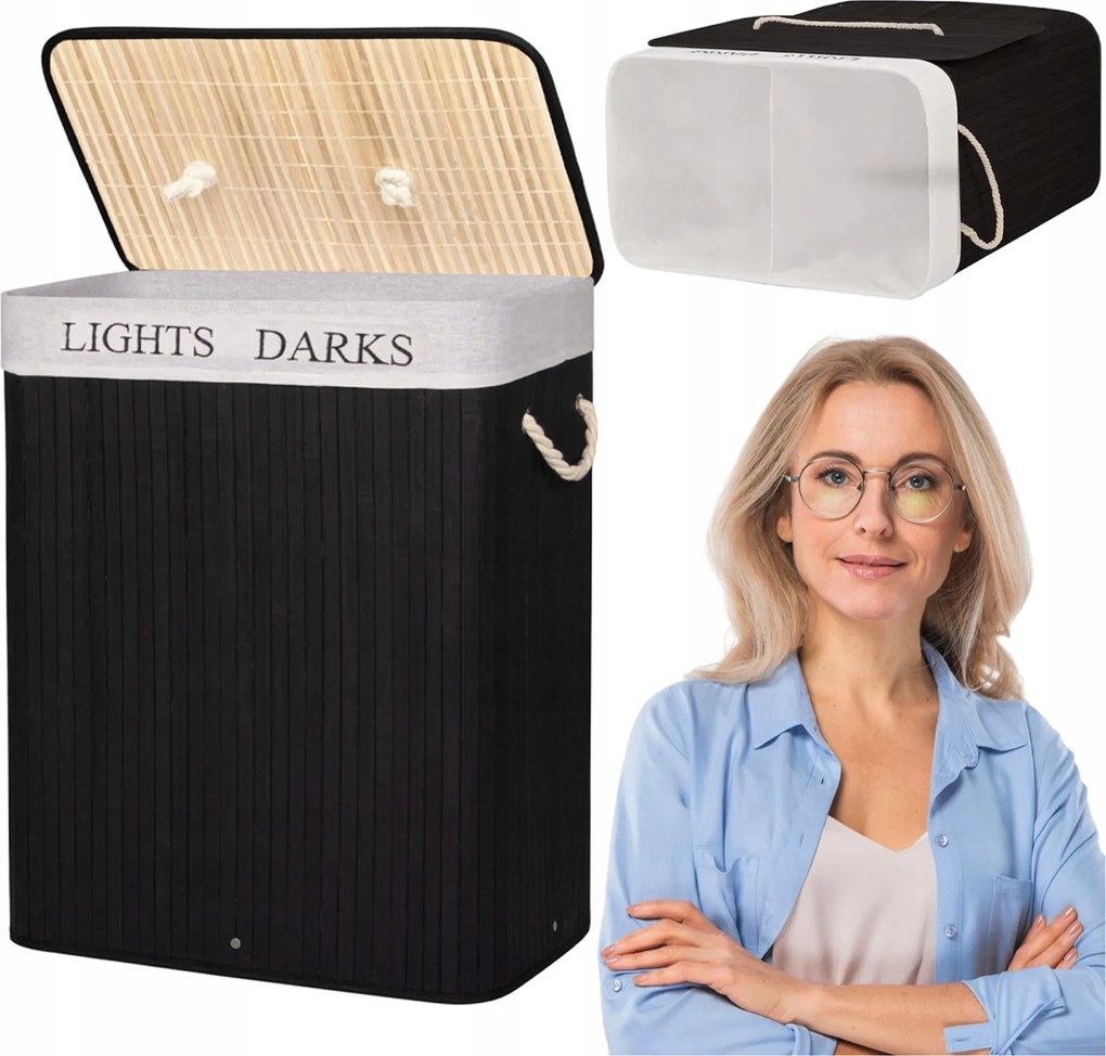 Bambusz Szennyestartó Kosár Kétrekeszes Fedéllel Nagy 100L