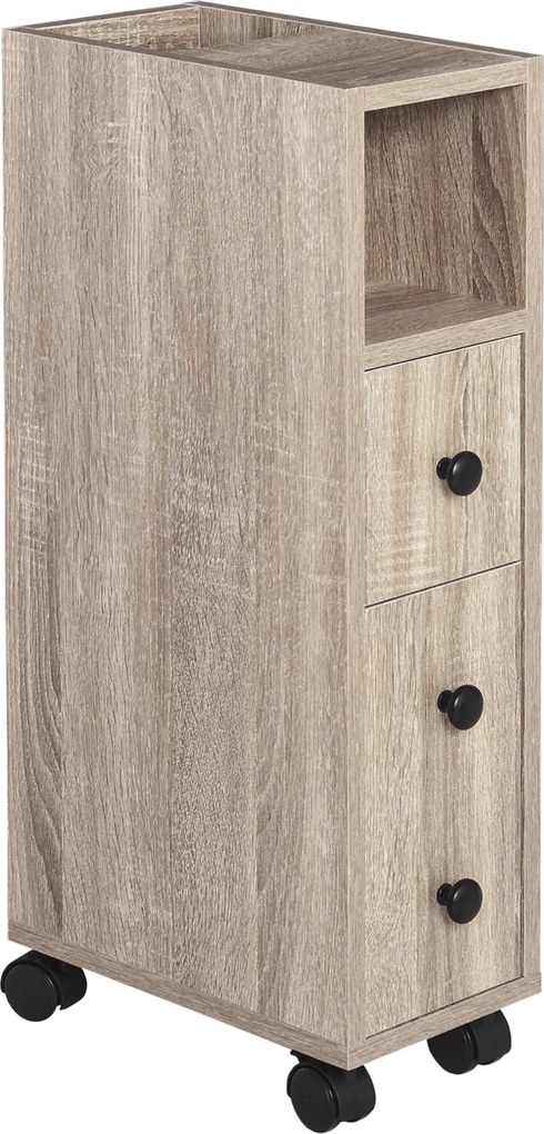 kleankin Fürdőszoba Szekrény Kerekekkel - Tárhelytakarékos Fürdőszoba Szekrény Nyitott Polccal és Fiókkal - 18x30x68 cm Tölgy | Aosom