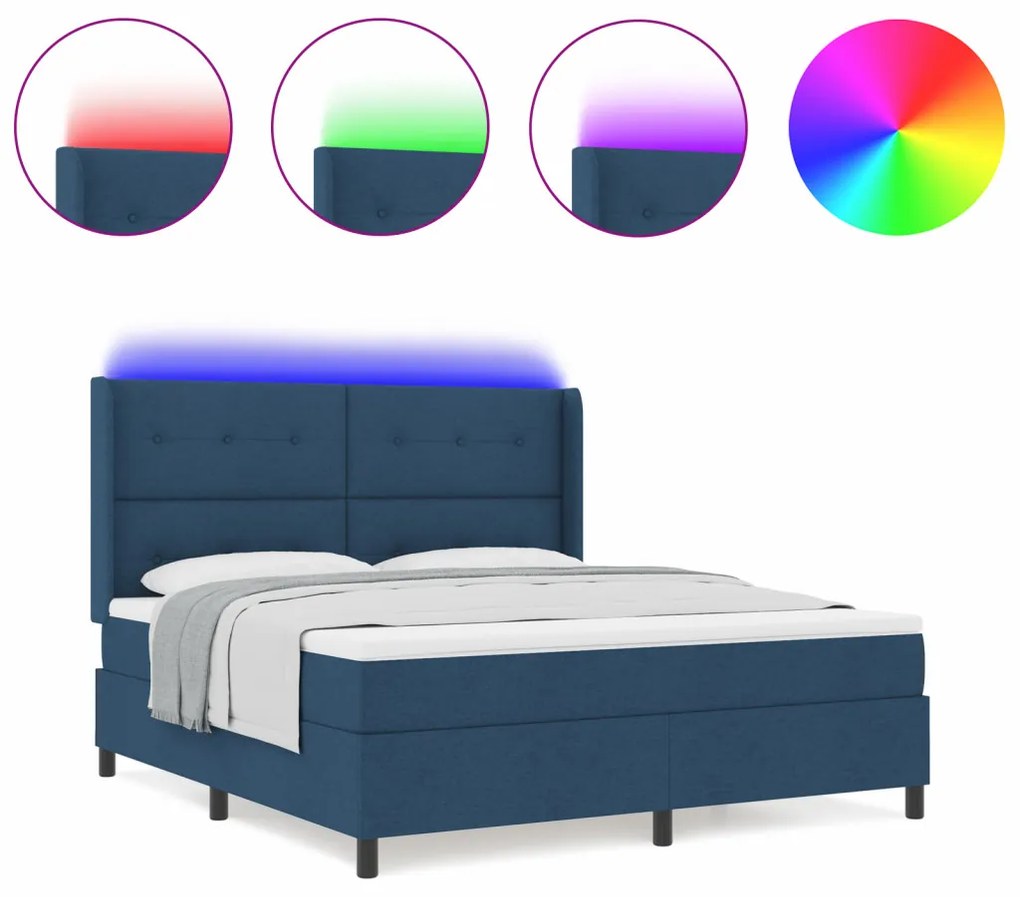 Boxspring Ágy Mattal és LED Kék 180x200 cm Szövet