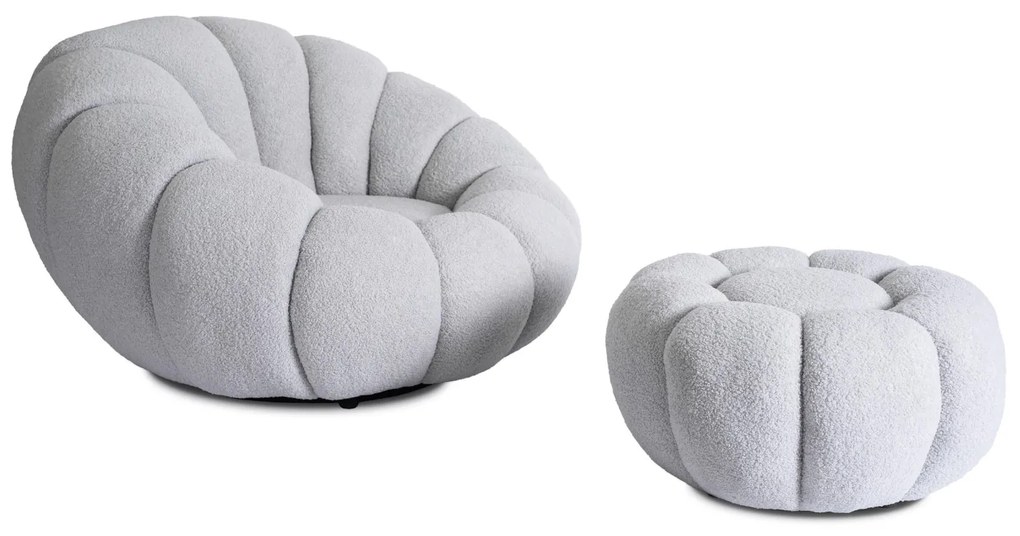 Designer Fotel Lábtartóval Szürke Bouclé Szövettel. PETTIT