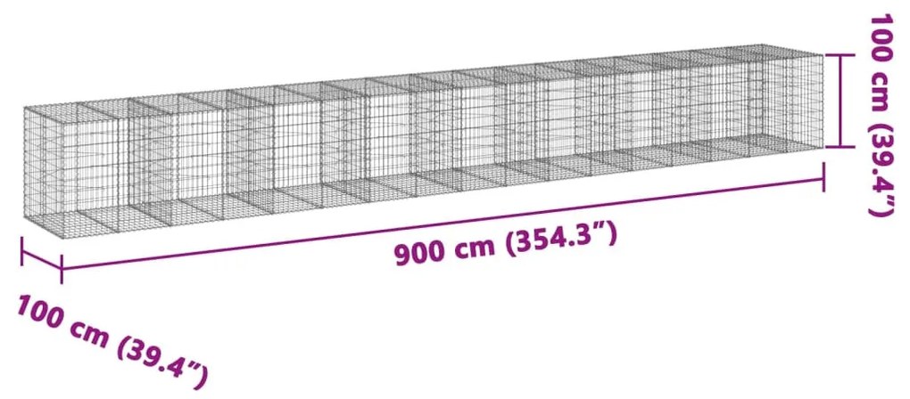 horganyzott vas gabion kosár fedéllel 900 x 100 x 100 cm