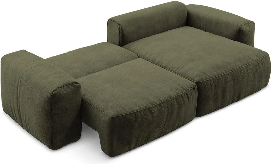 Zöld zsenília kinyitható sarokkanapé (jobb oldali-heverő résszel) Kuki – Makamii