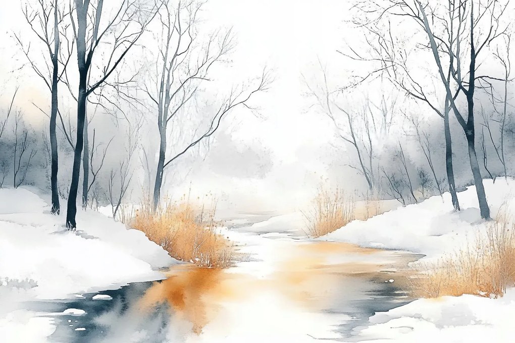 Fotótapéta Flizelina Tájkép Tél Hó Fák Folyó Patak 104x70,5 ragasztó