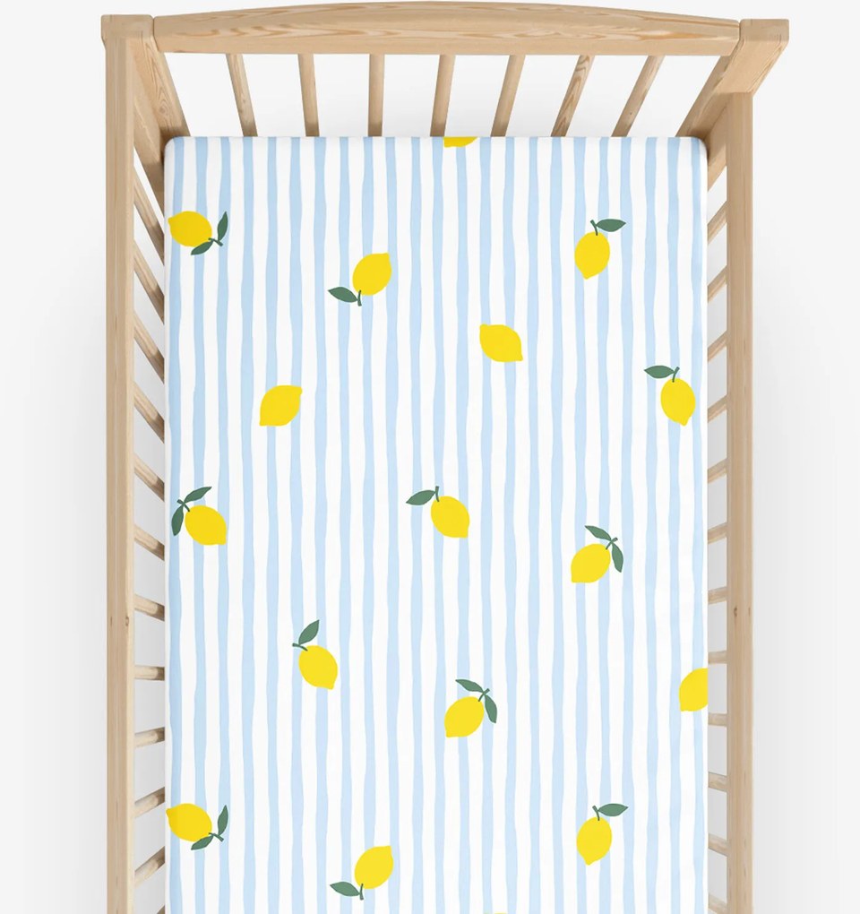 Goldea gyermek gumis pamut lepedő kiságyba - friss citromok csíkokkal 60 x 120 cm
