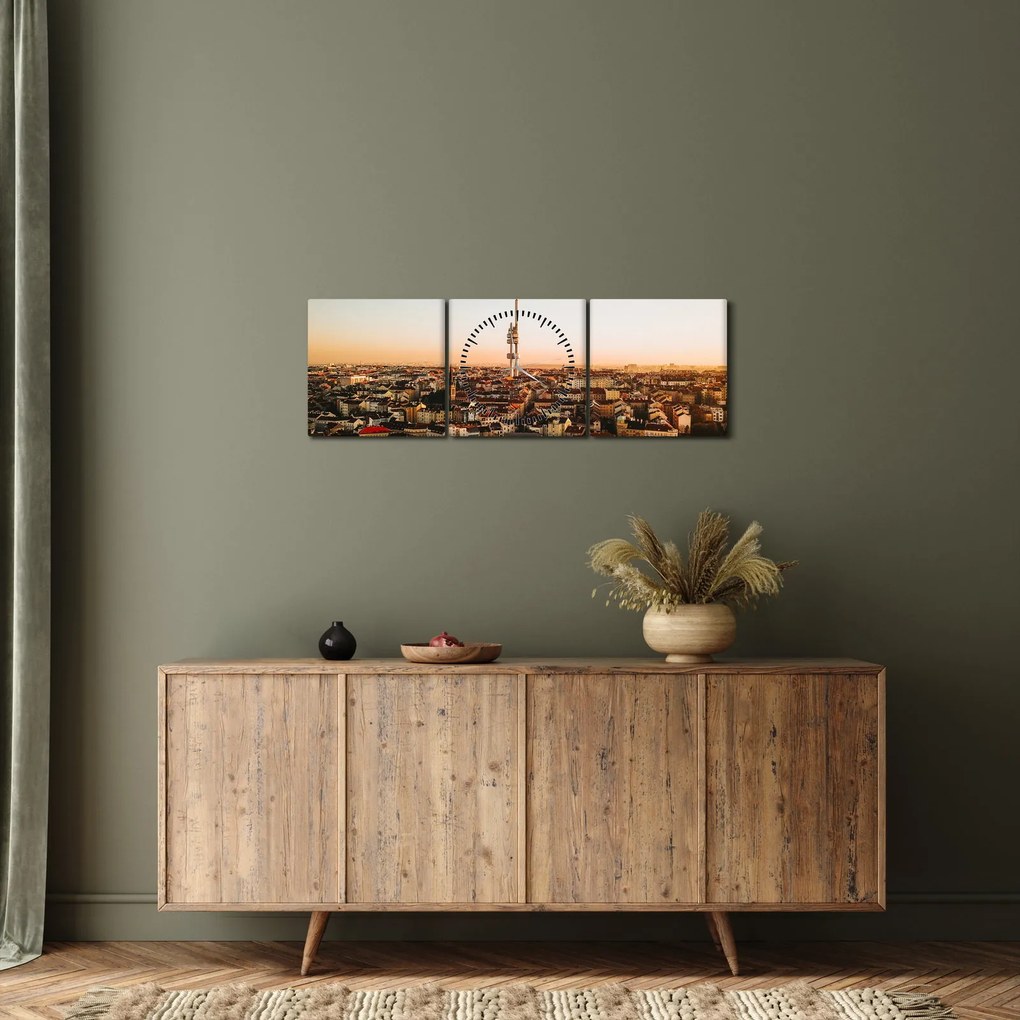 Vászonkép - Naplemente Zizkov felett (órával) (90x30 cm)