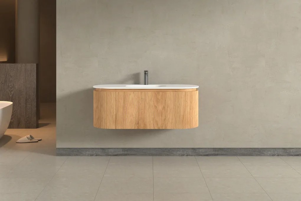 AREZZO design SELINA 120 cm-es ovális Fürdőszoba alsószekrény solid surface mosdóval, tölgy