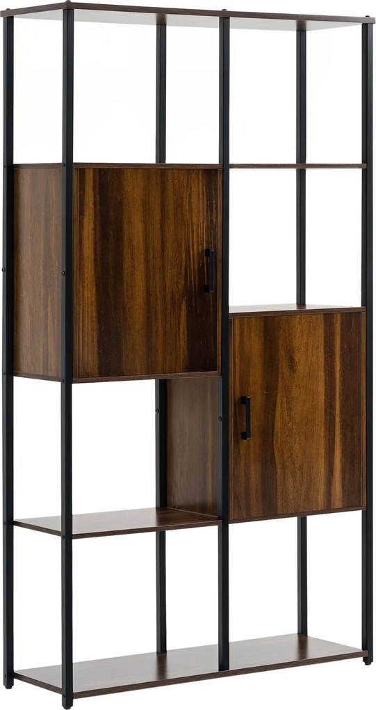 HOMCOM Modern Ipari Stílusú Könyvespolc 4 Polccal és 2 Szekrénnyel, Fém és Fa Polc otthonra és irodába, 90x30x159.5cm, Fekete és Rusztikus Barna | Aos