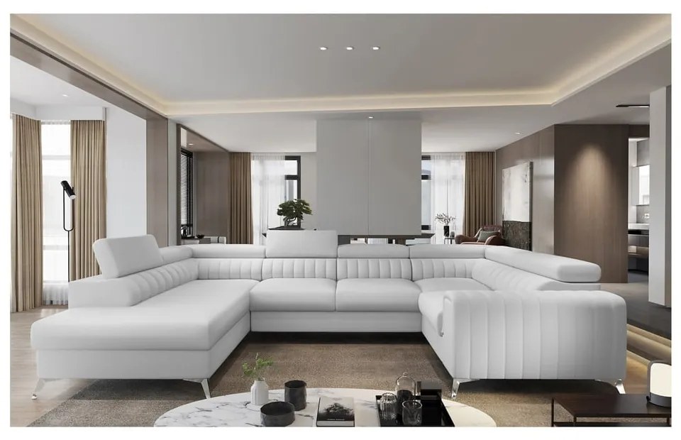 Fehér bőrutánzat kinyitható-tárolóhelyes sarokkanapé (bal oldali-U alakú) Louis – ELTAP