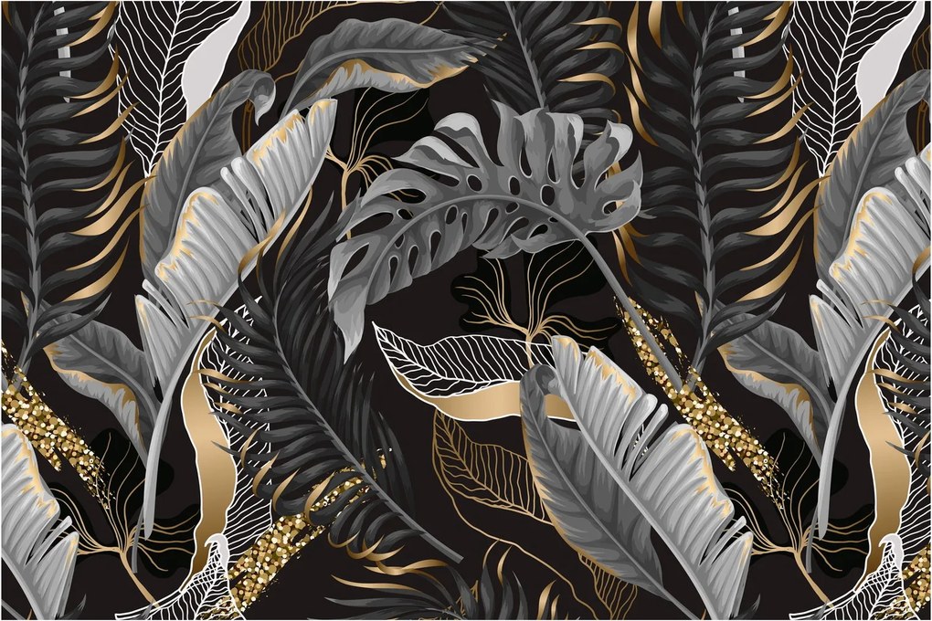 Kép - Trópusi levelek fekete és arany színben (90x60 cm)