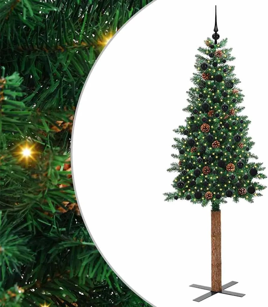 vidaXL Karcsú karácsonyfa 300 LED-del Zöld 210 cm PVC és tömör fenyőfa