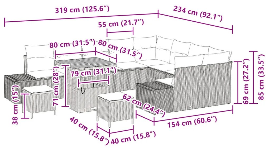 12 Db-os Kerti Kanapé Szett Párnákkal Bézs Poly Rattan Akáccal