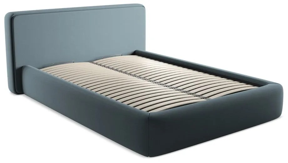 Kék kárpitozott ágyneműtartós franciaágy ágyráccsal 140x200 cm Kiana – Makamii