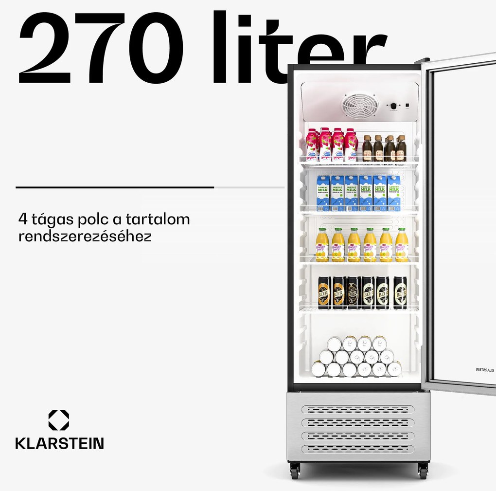 Klarstein GrandCooler italhűtő, 270 l, LED világítás, kerekekkel, 4 polc