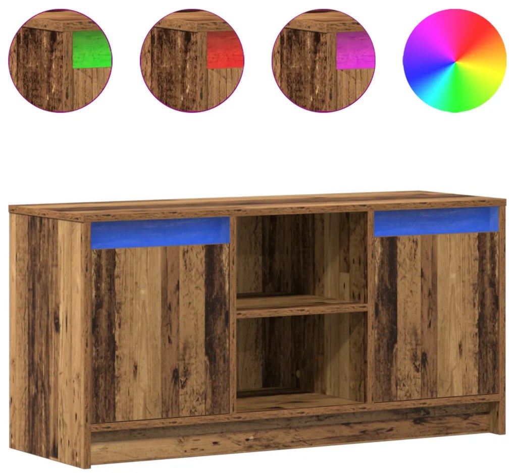TV Szekrény LED Fényekkel - Régi Fa, 100x34x50 cm-es Műanyag Állványon.