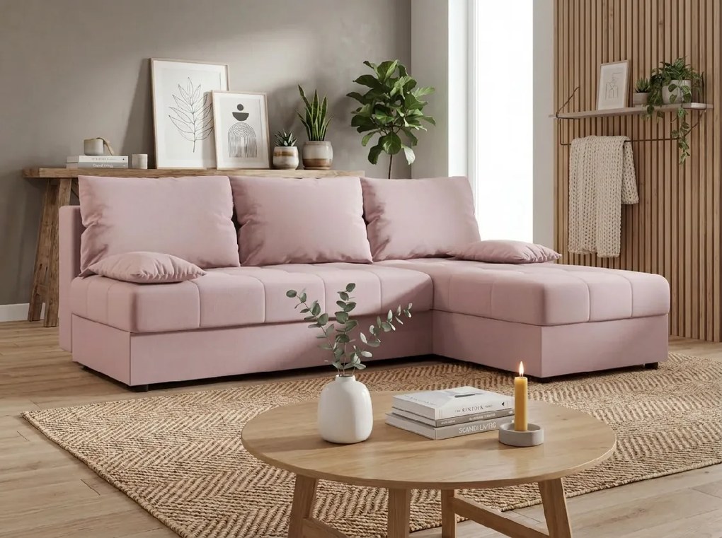 Ágyazható, kétoldalas L alakú kanapé VENORIA SLIM 200x143 cm, púderrózsaszín színű + 2 db díszpárna INGYEN