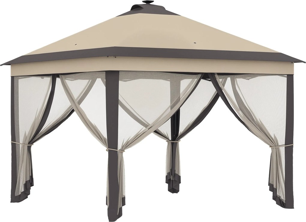 Outsunny Összecsukható Kertiszín LED világítással 3.3x3.3 m Tájvédelmi Tető Távirányítóval 4 Szúnyogháló Oldalfallal Magasságállítható és Hordtáskával