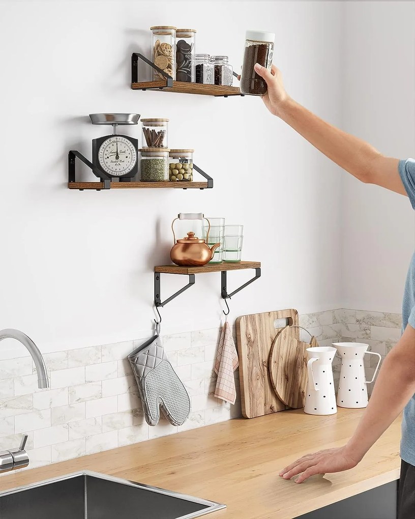 ABBY konzolos fali polc, 3 db, 30/35/40x12cm, fekete/barna Vasagle