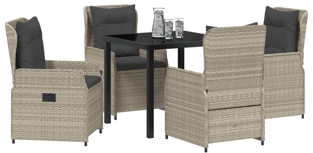 5 darabos kert étkezőszett világosszürke poli rattan, kert asztal fekete 80x80x73 cm edzett üveg