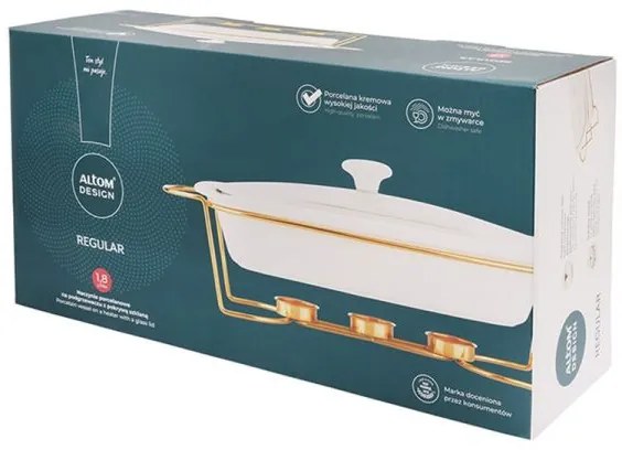 Hőálló porcelán sütőtál üveg fedővel arany színű asztali melegentartó állvánnyal - 1,8 literes