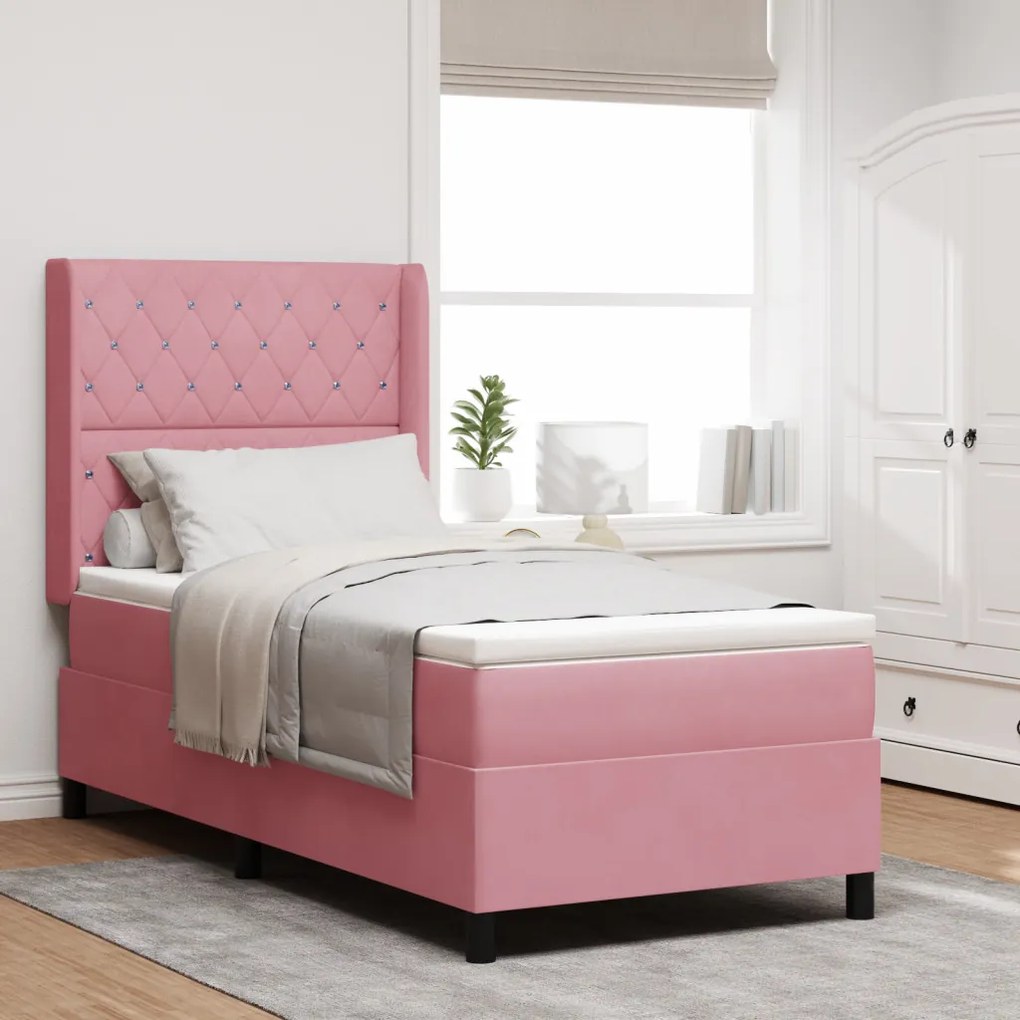 Boxspring Ágy Mattal és LED Fénnyel Rózsaszín 90x190 cm Bársony