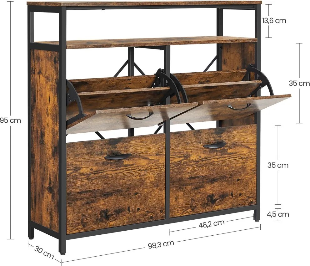 Cipős szekrény 4 ajtós 12-20 pár cipő tárolására, rusztikus barna 98x30x96cm