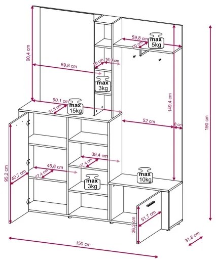 Előszobafal tükörrel KEVIN, barna/fekete