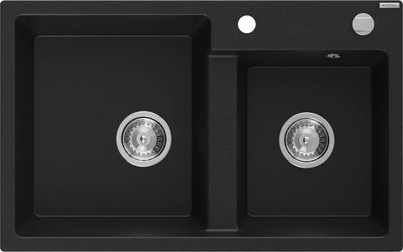 Mexen Tomas gránit kétmedencés mosogató 800 x 500 mm, fekete, krómozott szifon - 6516802000-77