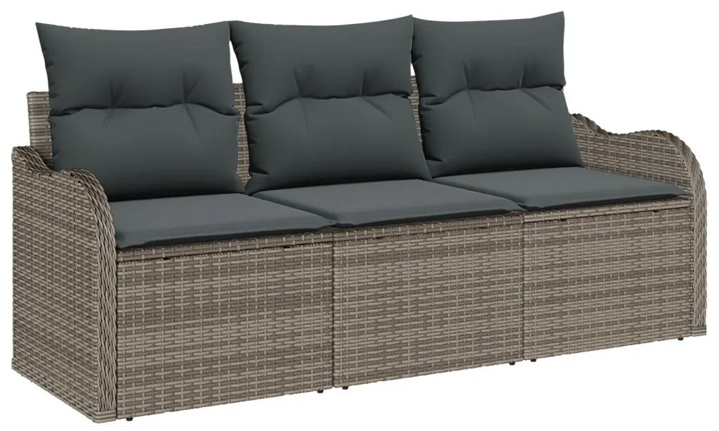3 részes kerti kanapészett párnákkal szürke poli rattan, 2 személyes kerti kanapé tárolóval és párnákkal szürke poli rattan