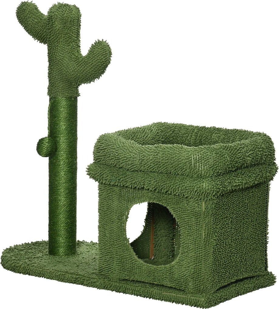 PawHut Kaktusz Mintás Macska Kaparófája 67 cm Magas Macska Torony Plüss Ház Szizál Oszlop és Függő Labda 68x30x67 cm Zöld | Aosom