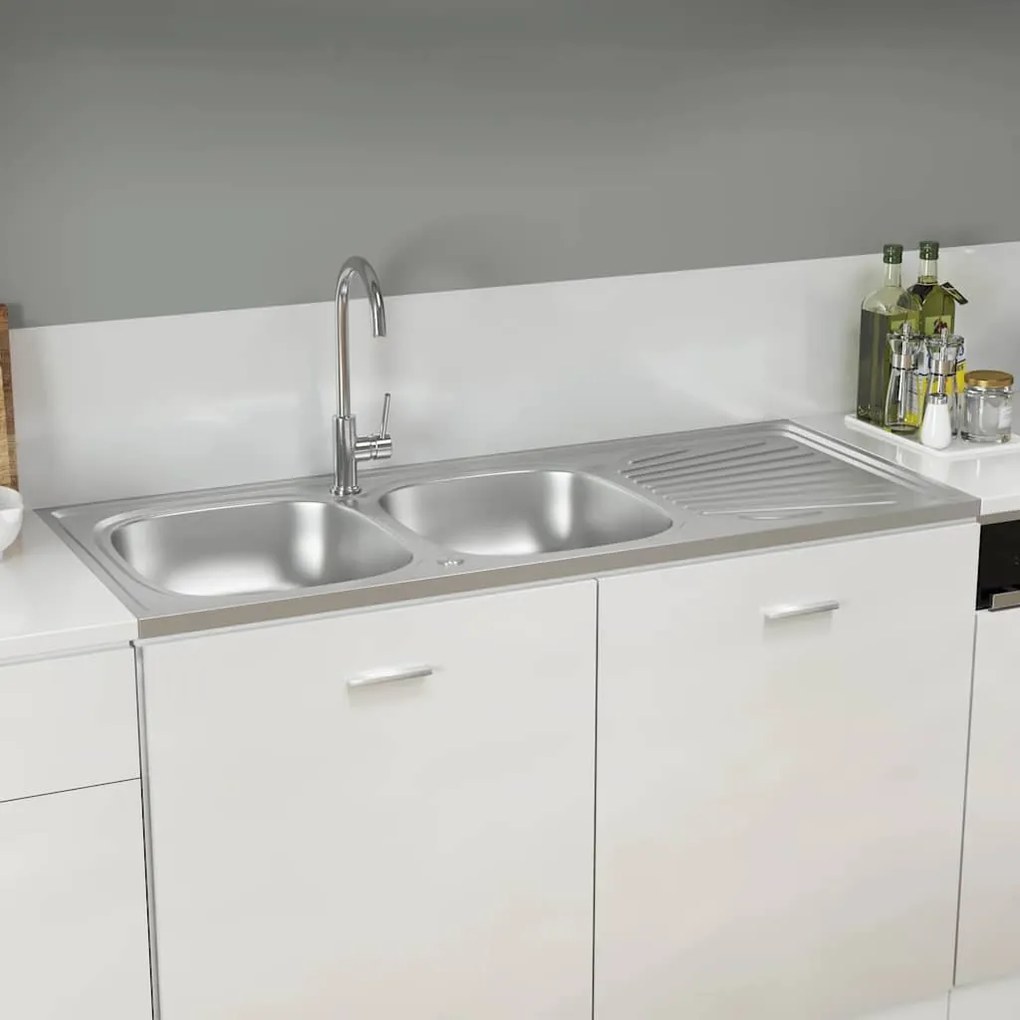 Ezüst rozsdamentes acél dupla konyhamosogató 1200x600x155 mm