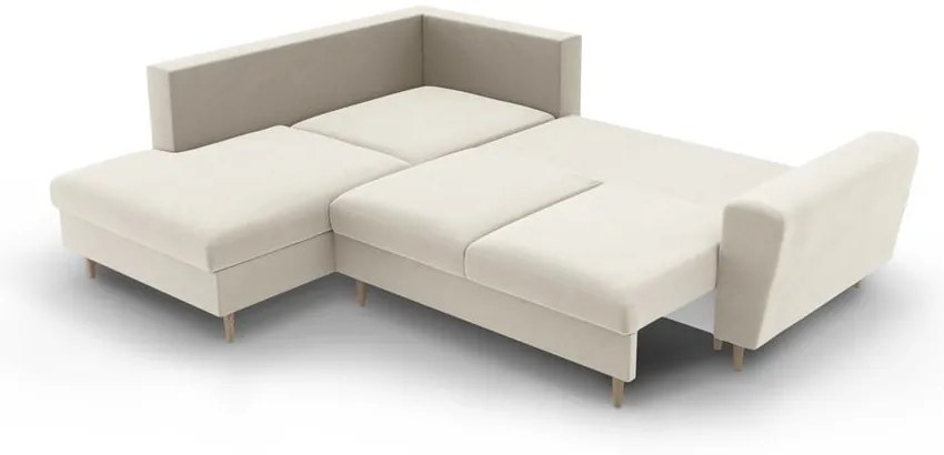 Bézs bársony kinyitható tárolóhelyes sarokkanapé (bal oldali-L alakú) Kyoto – Cosmopolitan Design