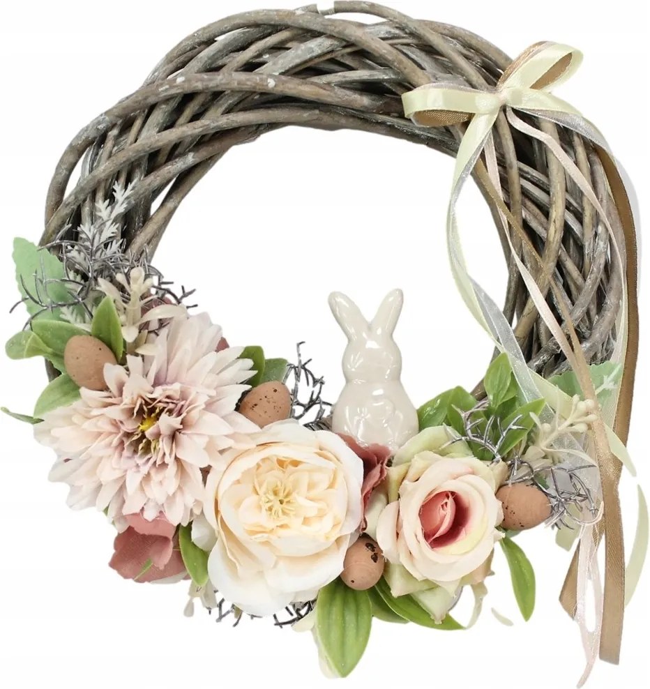 Húsvéti koszorú nyuszival, tavaszi bézs színű, koszorú lakásdekoráció