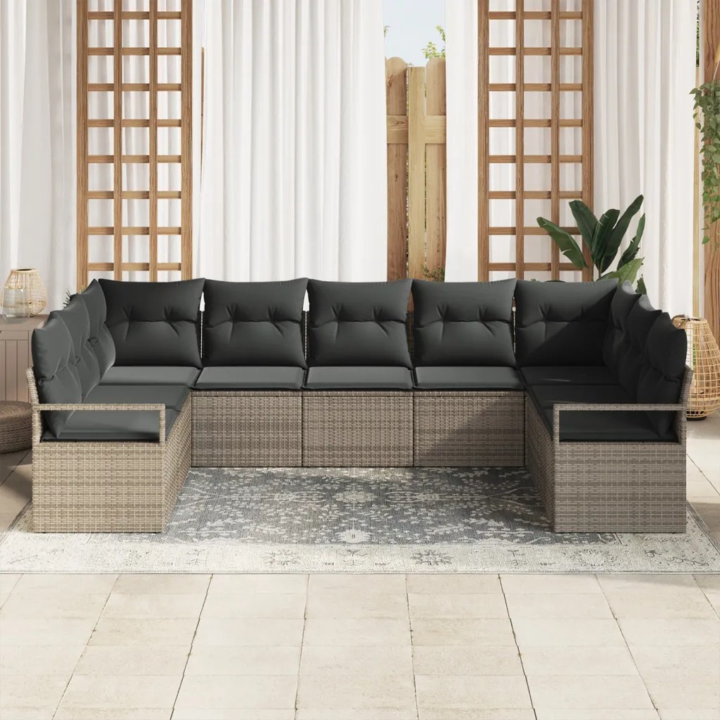 9 darabos Kert Sofa Szett Párnákkal Szürke Poli Rattan, 2 Személyes Kert Sofa Tárolóval és Párnákkal Szürke Poli Rattan