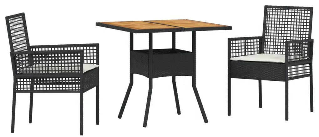3 darabos kerti étkező szett párnákkal, fekete poli rattan