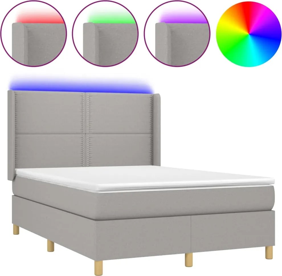 vidaXL világosszürke szövet rugós és LED-es ágy matraccal 140x200 cm