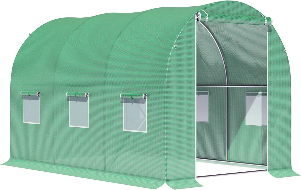 Outsunny Kerti Túnel Üvegház 6m² Földi Felülettel 3L x 2W x 2H m Megerősített Csővázzal Cipzáras Ajtóval és 6 Felgörgethető Ablakkal Zöld | Aosom