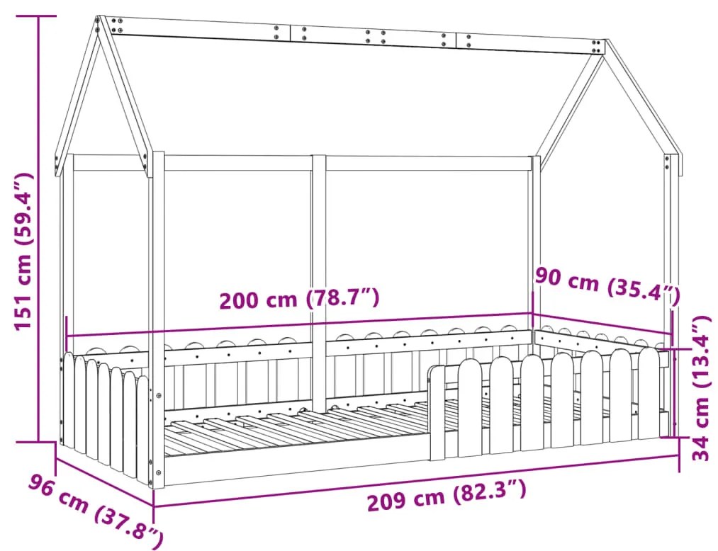 fehér tömör fenyőfa házikó gyerekágykeret 90 x 200 cm