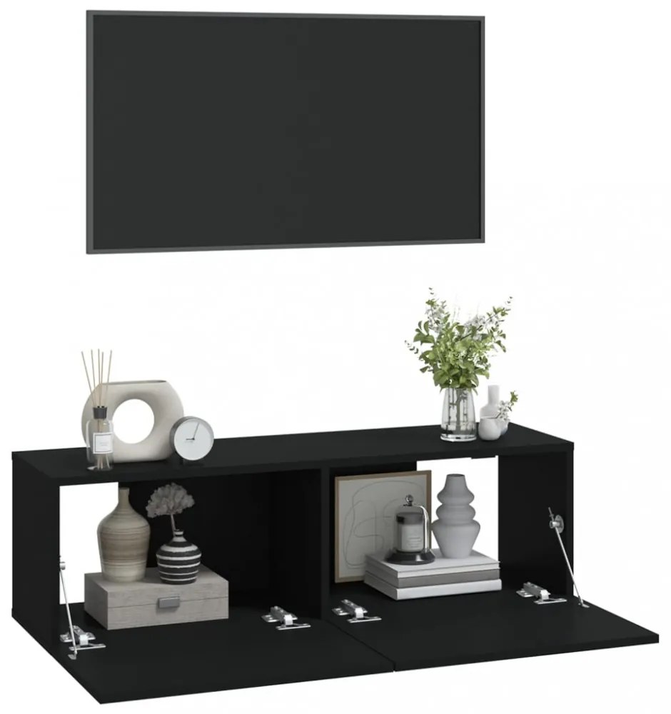 2 db fekete szerelt fa fali TV-szekrény 100 x 30 x 30 cm