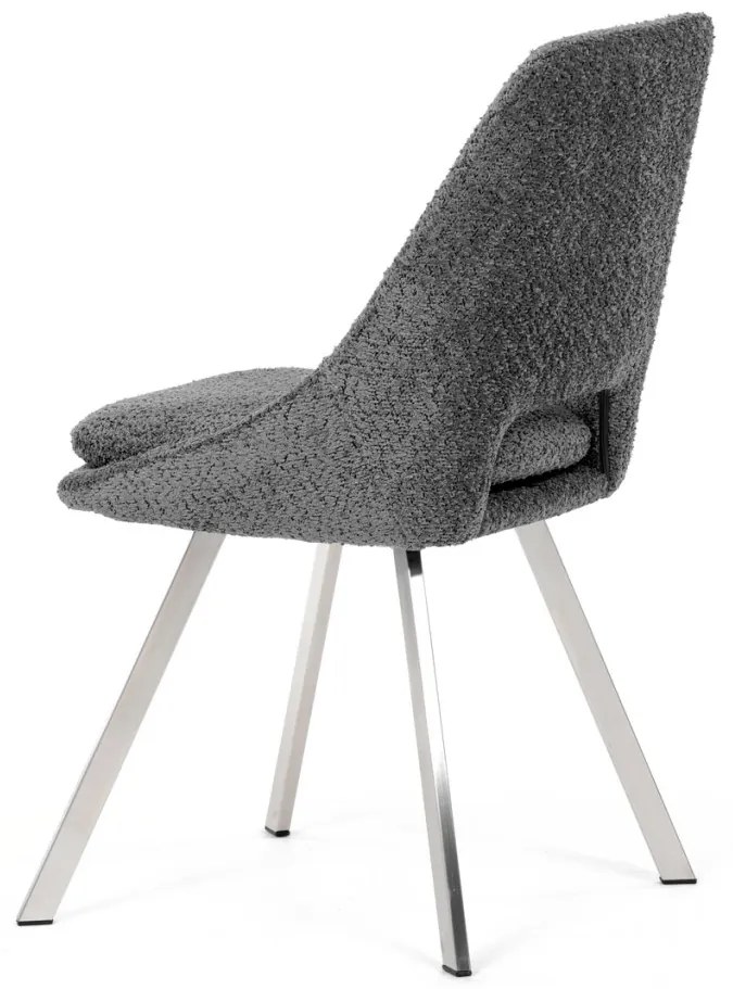 Scaun de sufragerie modern, tapițerie din material gri, picioare metalice, oțel inoxidabil periat.