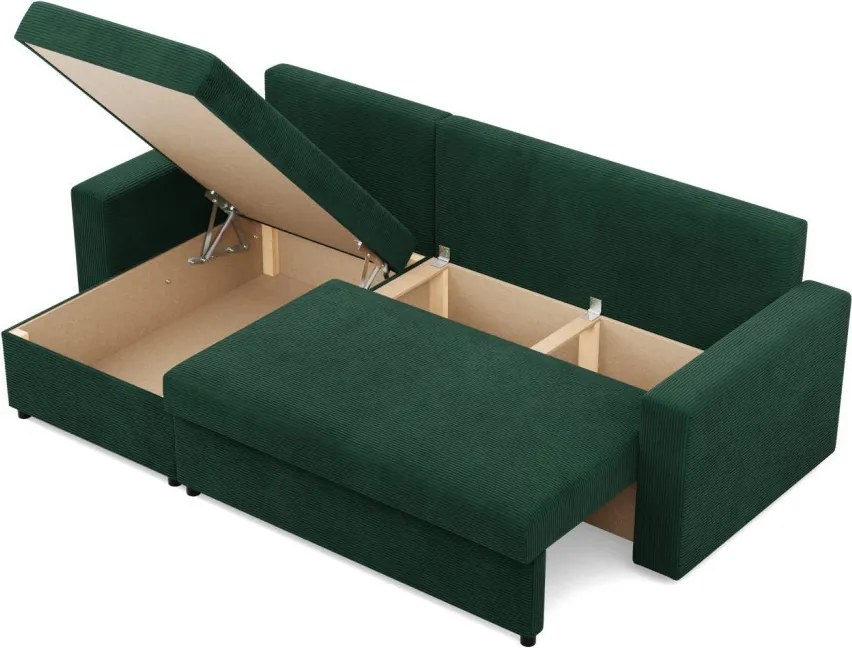 Zeus sarokkanapé, 2 ágyneműtartóval, egyenes kartámasz, kordbársony, univerzális oldal, bonell töltet, zöld