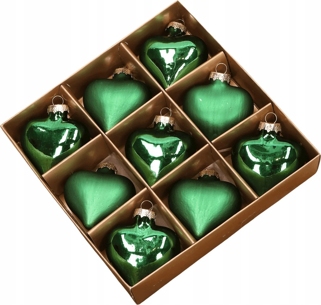 Üveg szív zöld 6,5cm- 9 db arany csomagolásban