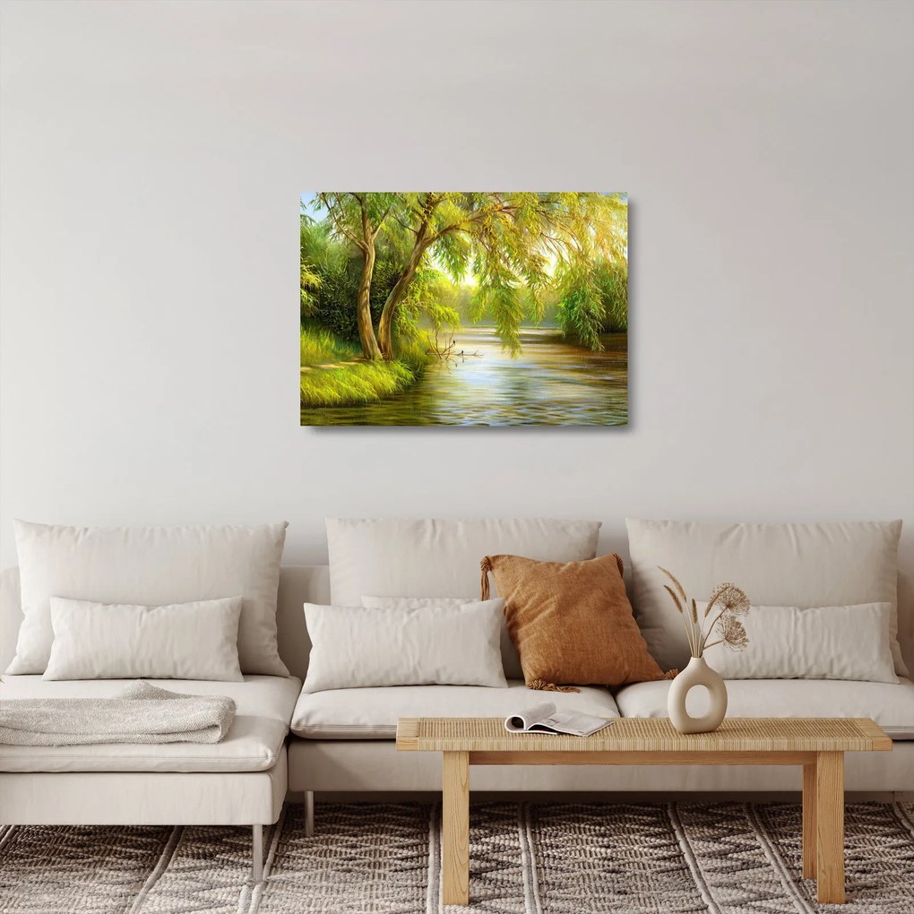 Kép - fűzfa a tó mellett, olajfestmény (üvegen) (70x50 cm)