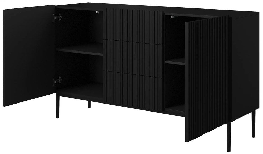 Nicole komód 150 cm fiókokkal és polcokkal - matt fekete / fekete lábak