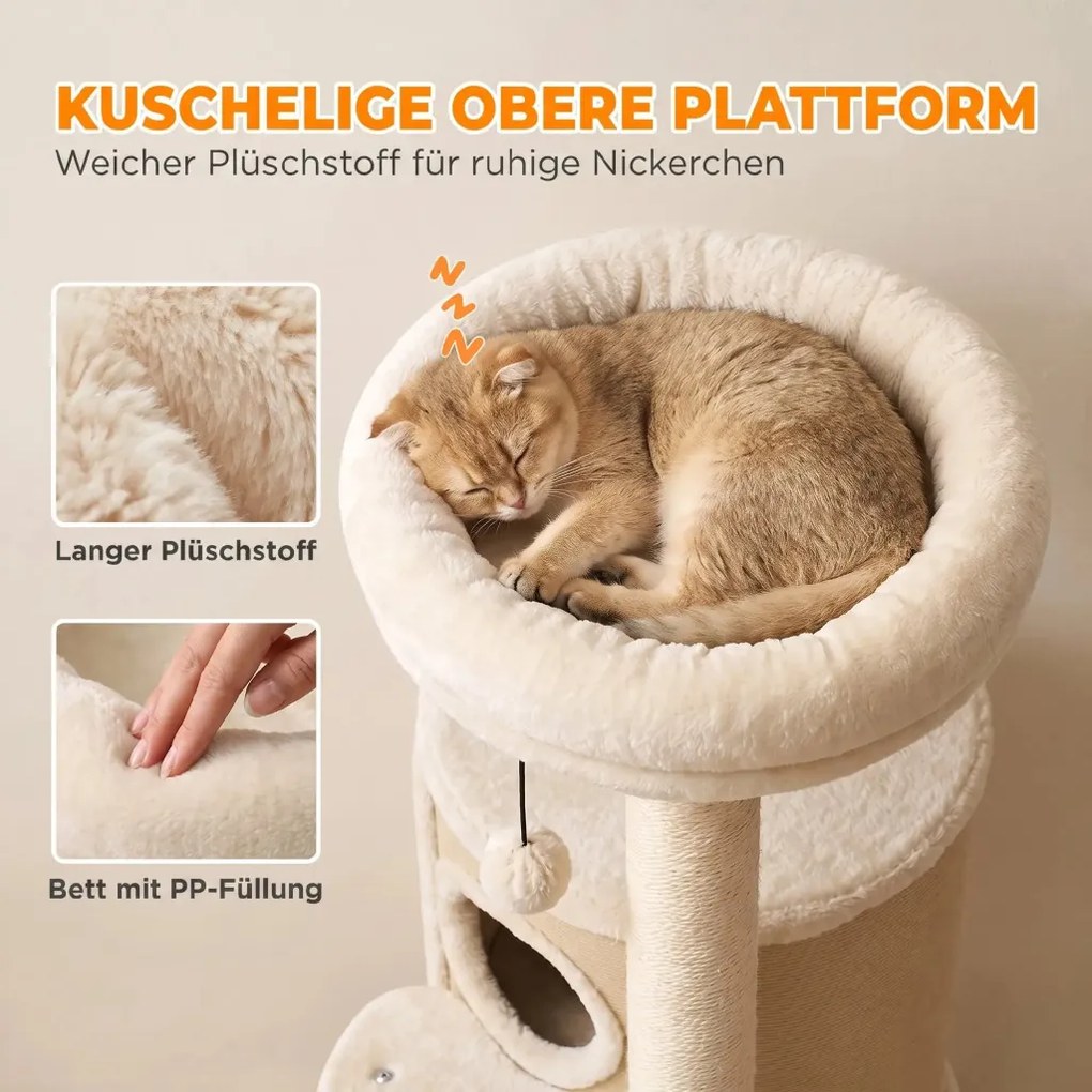 PawHut Kaparófák macskabútor kétszintes kaparóhordóval, platformmal, szizál deszkával, játéklabdával, bézs
