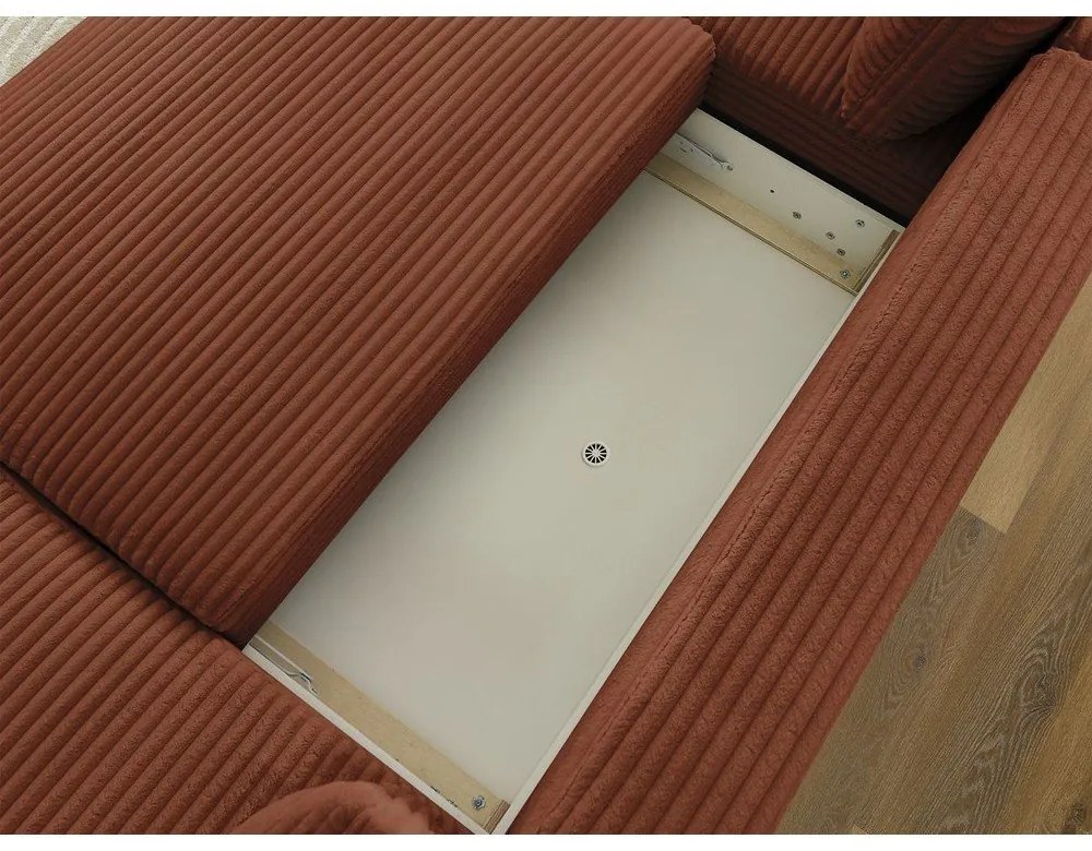 Téglavörös kordbársony kinyitható-tárolóhelyes sarokkanapé (bal oldali-U alakú) Lucien – Bobochic Paris