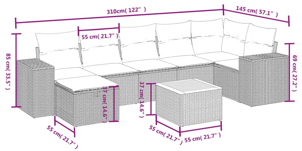 8 részes bézs polyrattan kerti ülőgarnitúra párnával