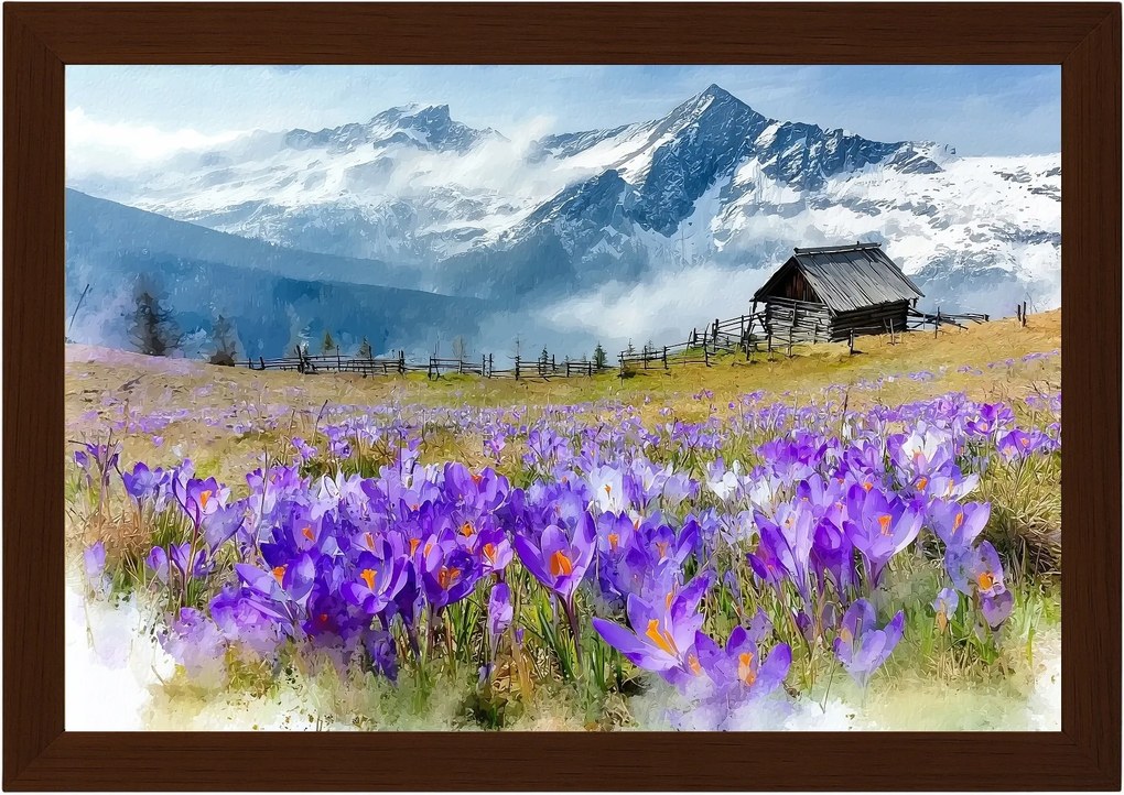 Poszter Keret Fa Krokusok Hegyek Kunyhó Tisztás Tavasz Tájkép 60x40