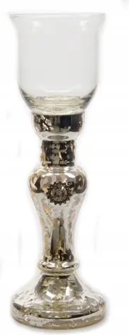 Glamour üveg gyertyatartó, ezüst, magas