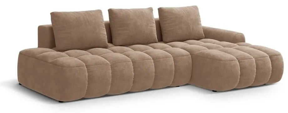 Világosbarna bársony kinyitható-tárolóhelyes sarokkanapé (jobb oldali-heverő résszel) Linz – Cosmopolitan Design
