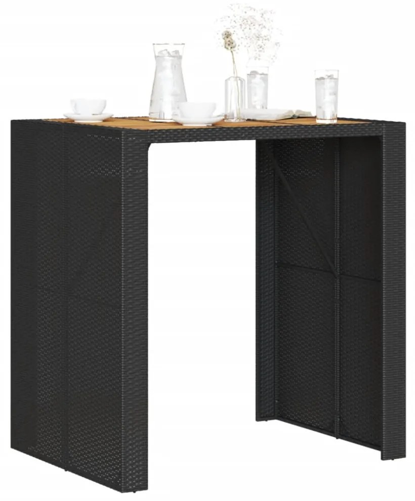 fekete polyrattan kerti bárasztal akácfa lappal 105x80x110 cm